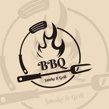 Barbecue BBQ Smoke and Grill Vintage Design Template With Crossed Spatula and Flame. vector