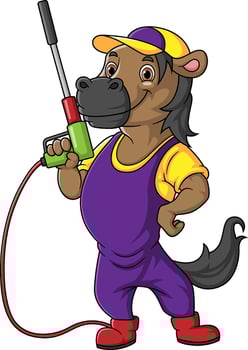 A horse cartoon mascot for car wash holding a High Pressure washer gun Jet Spray vector