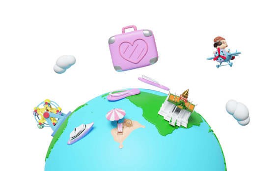 3d map with sandals, luggage, boy, propeller plane, measure, ferris wheel, island isolated. map earth travel concept, 3d render illustration png
