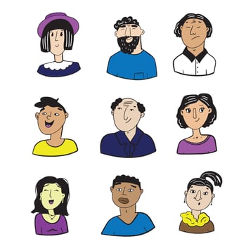 Hand drawn set of people faces. Portraits of various men and women. vector