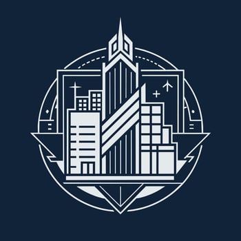 Logo design showcasing a cityscape in white and blue colors, Incorporate a blueprint or building plan into a minimalist logo vector