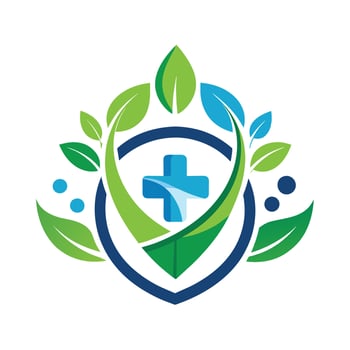 Blue cross intersecting with green leaves against a white backdrop, medical tech logo designs template, healthcare logo designs vector