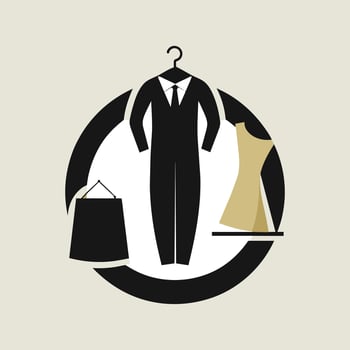 A man standing next to a dress on a hanger in a fashion boutique, Simple and stylish branding for a fashion boutique with monochromatic color scheme vector