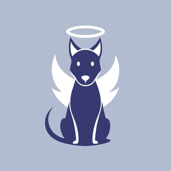 A dog with angel wings is sitting down with a halo above its head, Simple, elegant design of a pet with a halo above its head vector