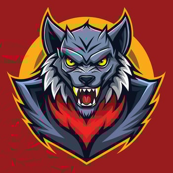 A wolf mascot with fierce expression against a bright red backdrop, Werewolf Logo, Illustration vector
