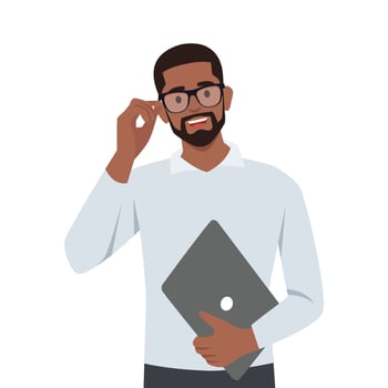 Young black man with laptop holding glasses. vector