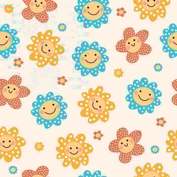 Cute funny kawaii smile with flowers, seamless pattern. Baby print with cute, fun polka dot flowers. vector