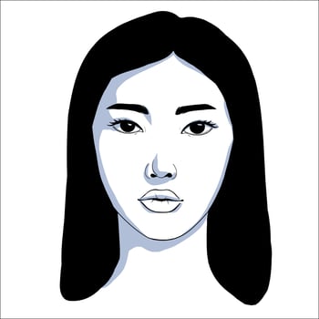 portrait of beautiful asian woman with a long hair in black and white with shadow. Gentle silhouette, fashion illustration. Fullface portrait vector
