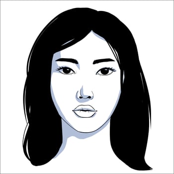 portrait of beautiful asian woman with a long hair in black and white with shadow. Gentle silhouette, fashion illustration. Fullface portrait vector
