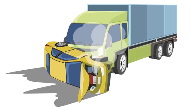 Contrainer truck car crashes into sedan car. It was overturned and damaged, the hood was open and a lot of smoke was coming out. Isolated white background. vector
