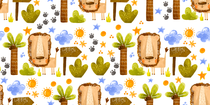 Seamless pattern with Cute cartoon lion in wild jungle. Background for children Cute children's hand drawn illustration on isolated background png