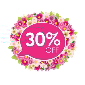 Isolated label with talking cloud and discount symbol 30 percent off. Floral frame. Cute background with flowers and leaves. Shopping coupon design. Gift card idea. Sale flyer. Round icon with flowers vector