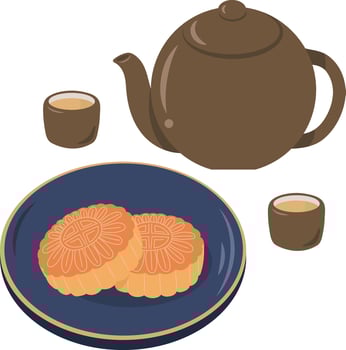 Moon Cake Traditional Dessert and Tea Cup Teapot Illustration Graphic Element Art Card vector