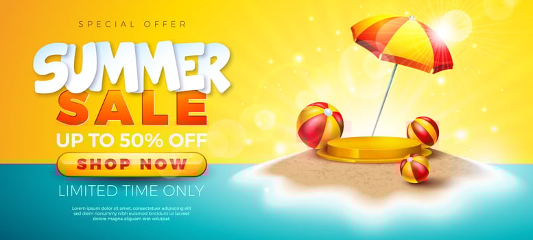 Summer Sale Design with Stage Podium, Sunshade and Beach Ball on Tropical Sandy Island Background. Tropical Business Illustration with Special Offer Typography for Coupon, Voucher, Banner vector