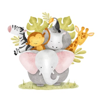 Group of African jungles animals on meadow elephant, hippo, monkey, zebra, giraffe, toucan and tropical leaves. Funny kid's isolated hand drawn watercolor illustration for baby room, poster, cards vector