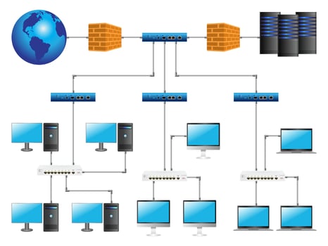 Lan network 3D diagram for business and technology concept. WAN of computer networking. vector
