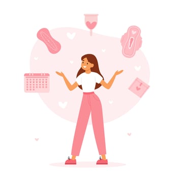 Girl choosing hygiene products for menstruation cycle. Menstruation set vector