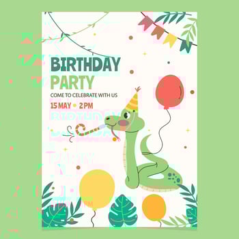 Character snake with a balloon birthday invitation template vector
