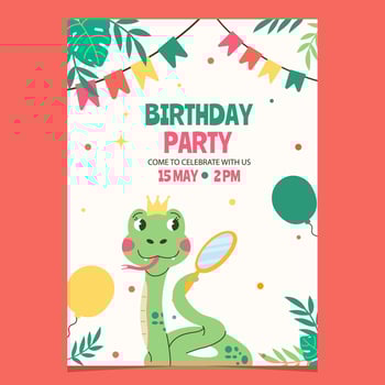 Character snake with a crown birthday invitation template vector