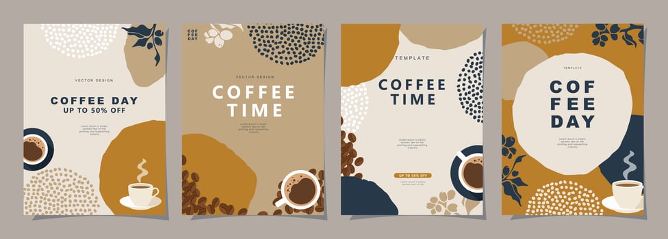Set of minimal background templates with coffee beans and coffee mug for invitations, cards, banner, brochure, poster, cover, cafe menu or another design. vector