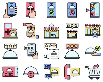 Food delivery essentials filled icons set vector