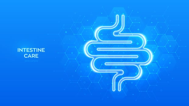 Intestine icon. Intestine health. Diagnosis, treatment of the bowel. Intestinal inflammation, colitis, dysbacteriosis. Molecular structure. Blue medical background with hexagons. illustration. vector