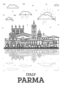 Outline Parma Italy City Skyline with Historic Buildings and Reflections Isolated on White. Parma Cityscape with Landmarks. vector