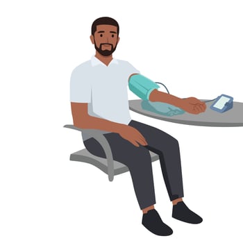 Young black man taking his blood pressure at home. Healthy lifestyle. vector