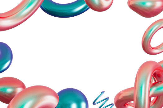 Playful frame with abstract holographic pink and blue 3D shapes, on transparent background. Iridescent colors. Modern border, y2k style. Copy space in the middle. Colour gradient. 3D render. png
