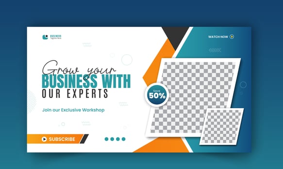 Modern and business workshop promotion thumbnail design, editable corporate, creative gaming live stream social media cover, web banner template with abstract blue and orange color shapes vector