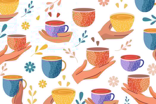hands holding coffee cups, colorful glasses.Isolated on white vector