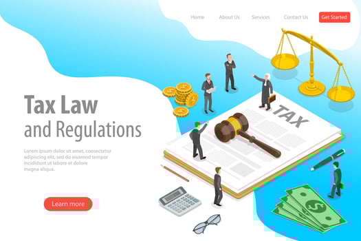 Isometric flat landing page template of tax law and regulations. vector