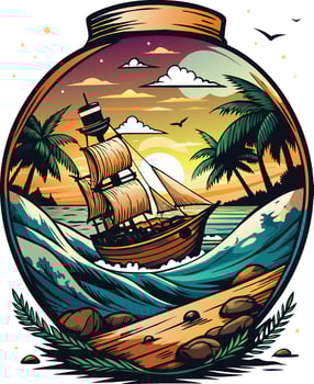 Vintage sailboat on the beach in a glass jar, illustration vector