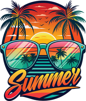 Summer label with palm trees, sun and sunglasses. illustration. vector