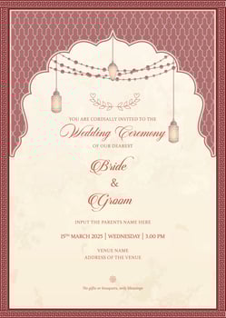 Islamic wedding invitation card with arch, lights, lanterns and border. Indian maroon frame design for wedding invitation card vecto illustration vector