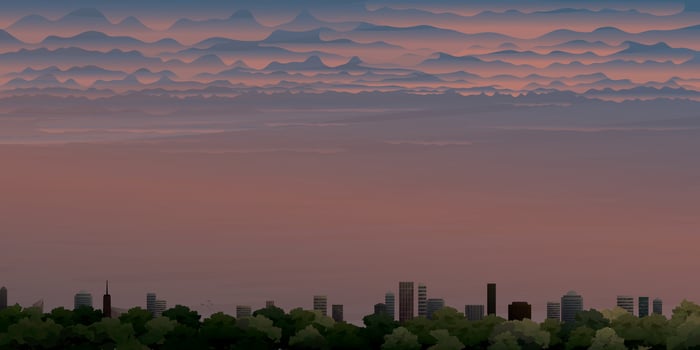 Cityscape with sunset background illustration have blank space. Buildings silhouette against the dramatic sky in Autumn flat design. vector