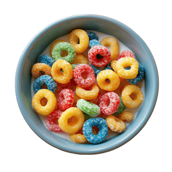 fruit loops cereal in bowl top view isolated. Colorful cereal in a bowl isolated. Breakfast food isolated png