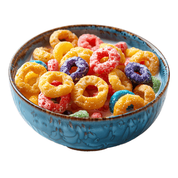 fruit loops cereal in bowl top view isolated. Colorful cereal in a bowl isolated. Breakfast food isolated png