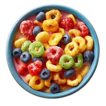 fruit loops cereal in bowl top view isolated. Colorful cereal in a bowl isolated. Breakfast food isolated png