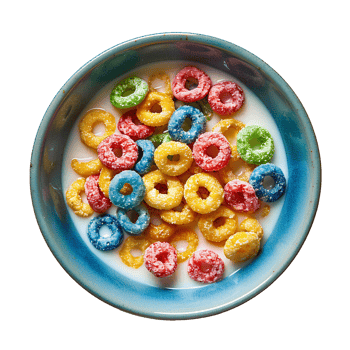 fruit loops cereal in bowl top view isolated. Colorful cereal in a bowl isolated. Breakfast food isolated png