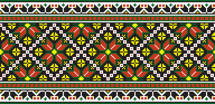 colored seamless Ukrainian national ornament, embroidery. Endless ethnic floral border, Slavic peoples frame. Red cross stitch. vector