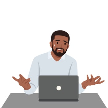 Young black man confused businessman on the chair and watching bad sales performance data on his laptop. vector