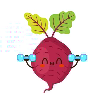 Cute funny beet vegetable is doing gym with dumbbells vector