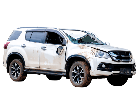 Full body front and side view of white car get damaged by accident on the road. damaged cars after collision. Isolated on transparent background, car crash broken, File png