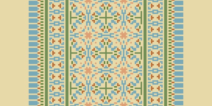Peruvian pattern Seamless Mughal architecture Motif embroidery, Pixel Ikat embroidery Design for Print tapestry floral kimono repeat pattern lacing spanish motif vector