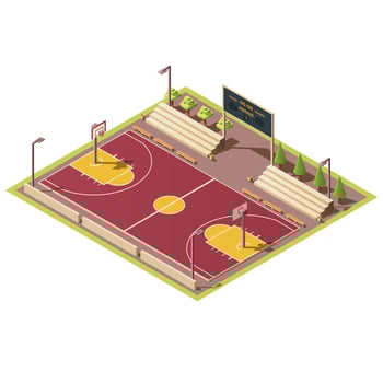 3d isometric stadium with field for street basketball games, tribune, fence, scoreboard, basket and hoop. Empty sport arena with urban basketball court. Isometry isolated on white background. vector