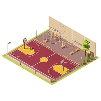 3d isometric field for basketball games near workout area with climbing wall. Outdoor sport arena with urban basketball court and training place. Isometry isolated on white background. vector
