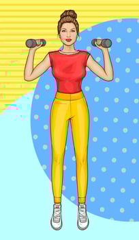 Pop art illustration of beauty girl in sportswear with dumbbells in hands in gym. Slim woman training with sports equipment, pumping muscles in a fitness club,at home. Healthy lifestyle concept vector
