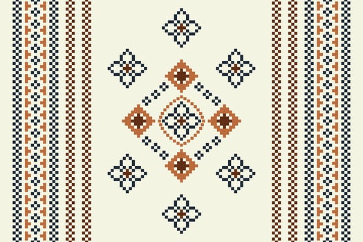 Traditional ethnic motifs ikat geometric fabric pattern cross stitch.Ikat embroidery Ethnic oriental Pixel brown cream background. Abstract,,illustration. Texture,scarf,decoration,wallpaper. vector