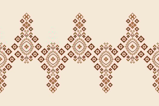 Traditional ethnic motifs ikat geometric fabric pattern cross stitch.Ikat embroidery Ethnic oriental Pixel brown cream background. Abstract,,illustration. Texture,scarf,decoration,wallpaper. vector